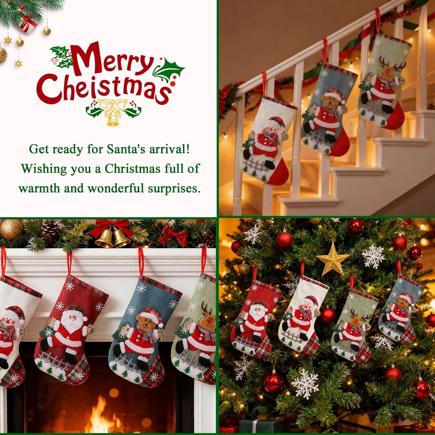 Poreids Christmas Stockings Personalized 4 Pack - Customized Small Xmas Stockings Bulk with Reindeer, Santa Claus, Snowman, Bear for Christmas Home Decorations, Set of 4
