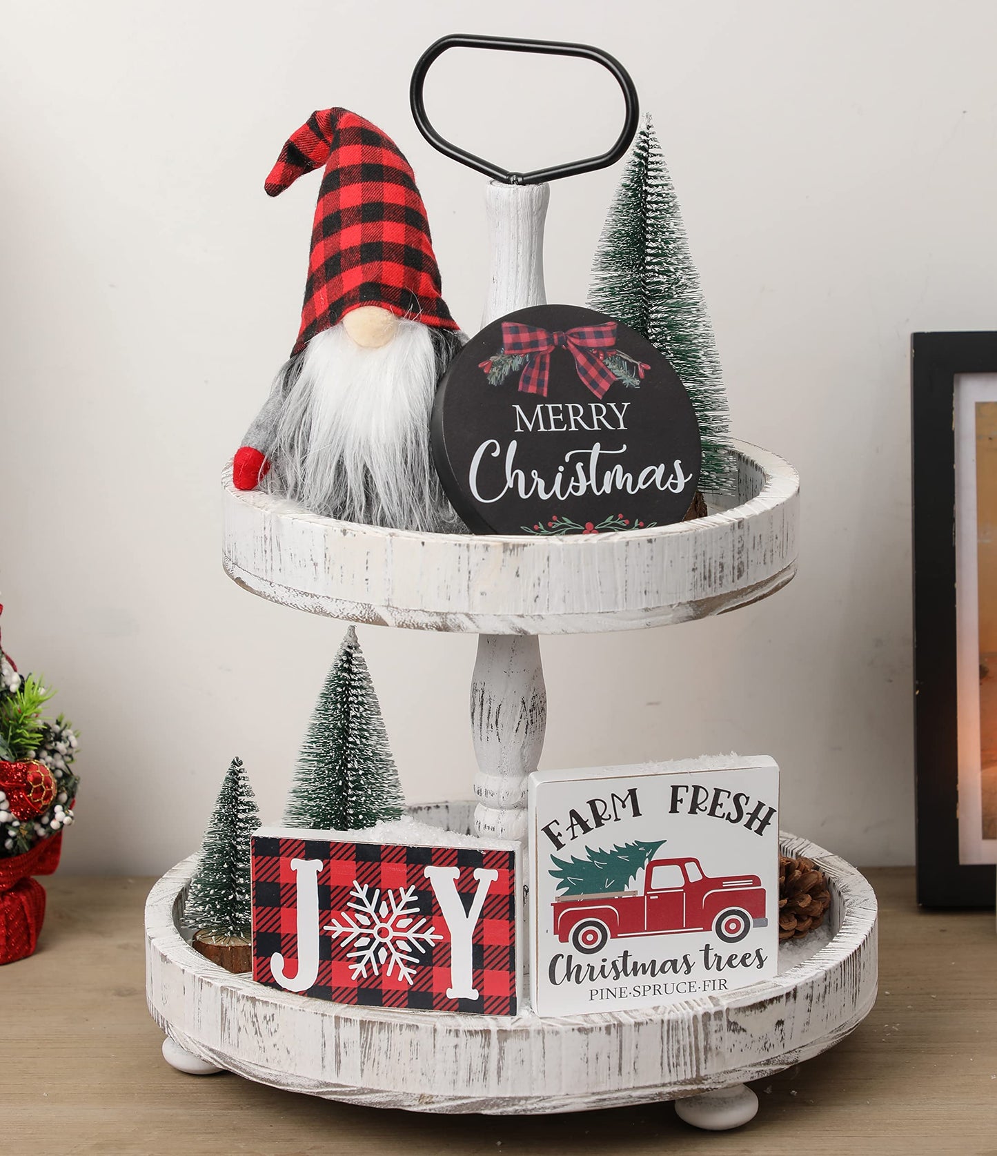 Christmas Tiered Tray Décor Set of 7, Merry Christmas Farm Fresh Truck, Joy Wood Sign Buffalo Plaid Gnome Plush and Trees, Farmhouse Table Home Party Shelf Fireplace Mantel Decor