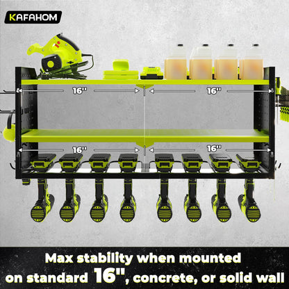 KAFAHOM Power Tool Organizer, Large 8 Drill Holder Wall Mount with 2 Side Pegboards, Heavy Duty Metal Tool Shelf with 12 Hooks, Storage Rack for Garage Organization, Utility Battery Shelves - Green