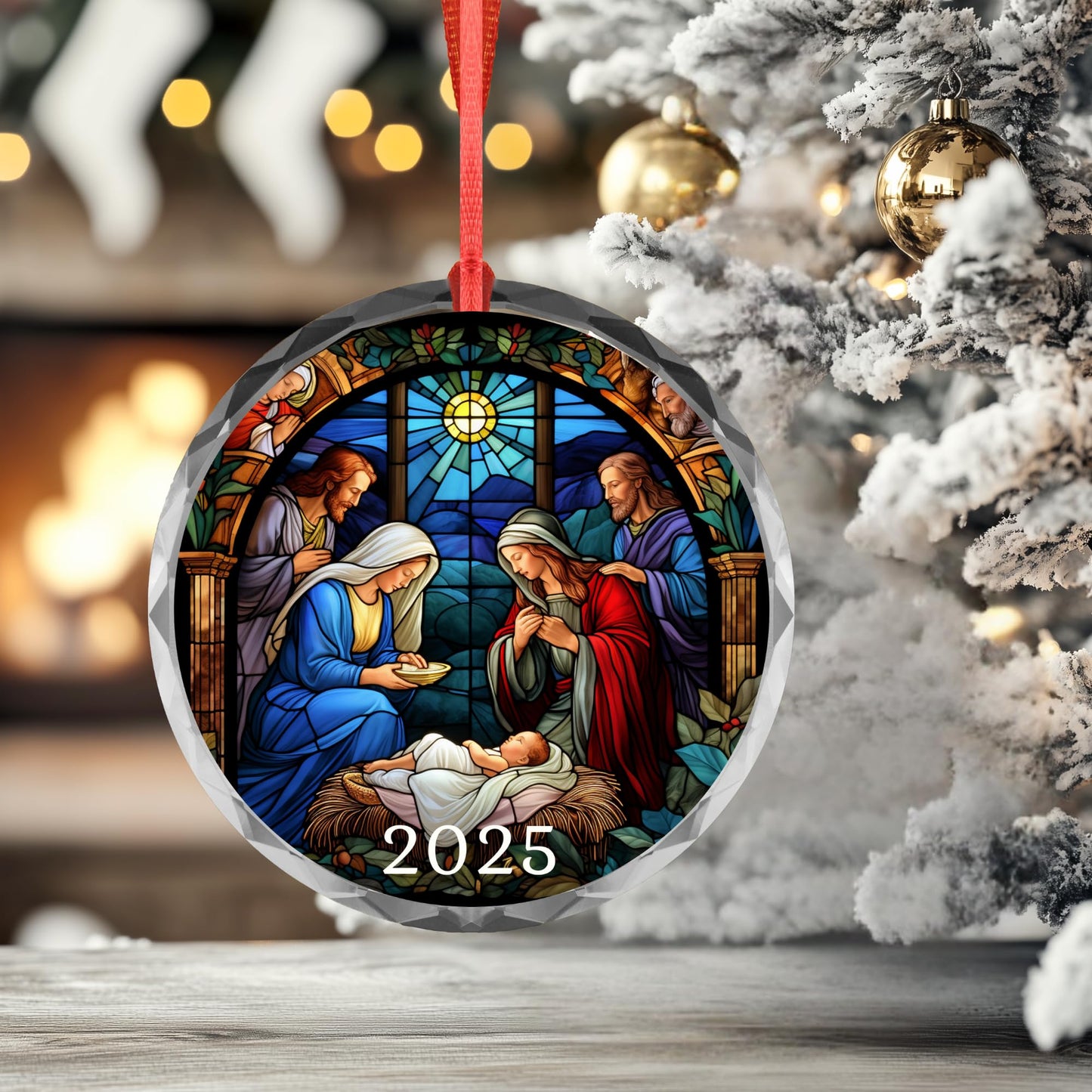 Personalized Nativity Ornament – Custom Name Christmas Ornament – Holy Family Stained Glass Style – Religious Christmas Tree Decoration – Baby Jesus Christian Gift Keepsake (Design 5)