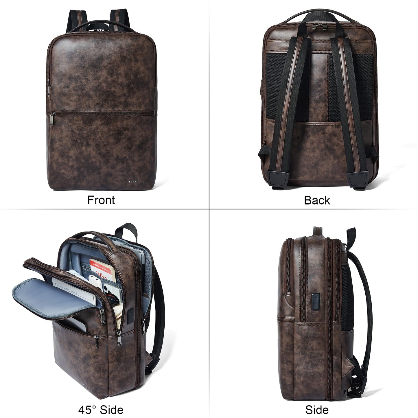 Shrrie Vegan Leather Laptop Backpack for Women&Men,16 Inch Expandable Backpack with USB Charging Port,Two-toned Coffee