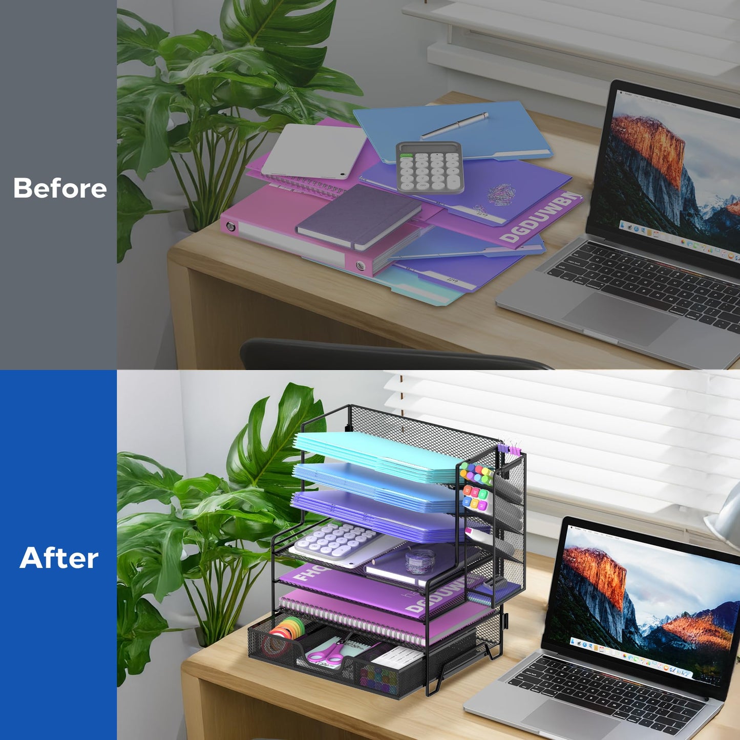 ReePlan 4 Tier Desk Organizer + 3 Tier File Holder + 4 Pen Holders + Drawer, 7 Tier Desk File Organizers, Desk Organizers and Accessories for Office Home School, Black