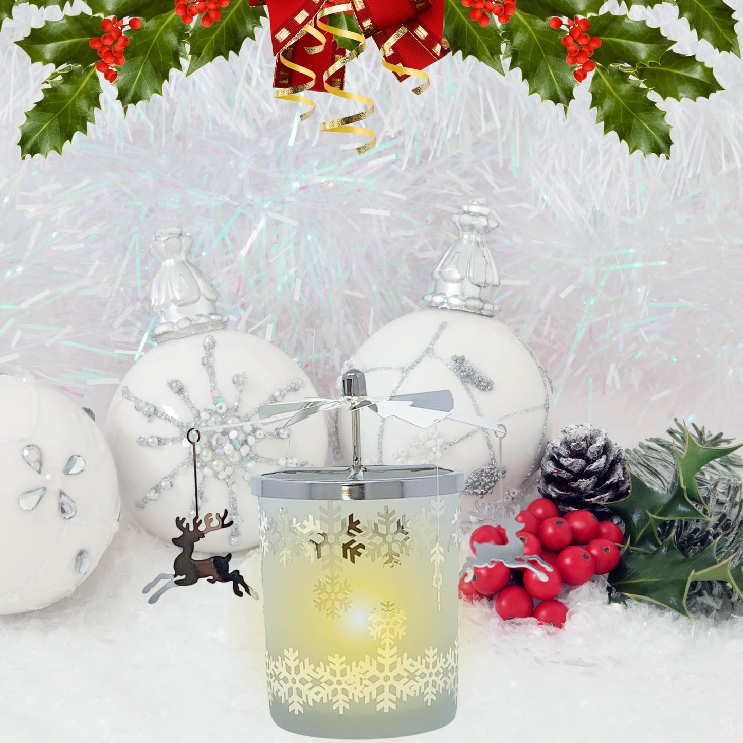 Reindeer Decor - Candle Spinner - Dangling Reindeer Spin Around Snowflake Candleholder - Spinner Turns from The Heat of The Candle - 5.5" H x 4.5" W