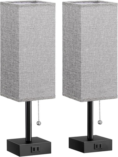 Grey Bedside Lamps for Bedroom Set of 2 - Small Nightstand Lamp with AC Outlet Charging Port, 3 Color Temperatures Rectangular Desk Light with Bulb, Tabletop Reading Lamp for Living Room/Dorm/Office
