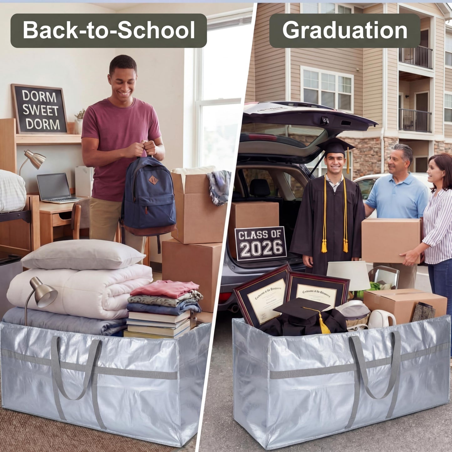 Clysee 4 Pcs 66 Gallon Extra Large Moving Bags Heavy Duty Storage Bag with Strong Zipper Handle Foldable XXL Jumbo Storage Tote Packing Moving Box for College Dorm Travel Cloth Duffle (Silver)