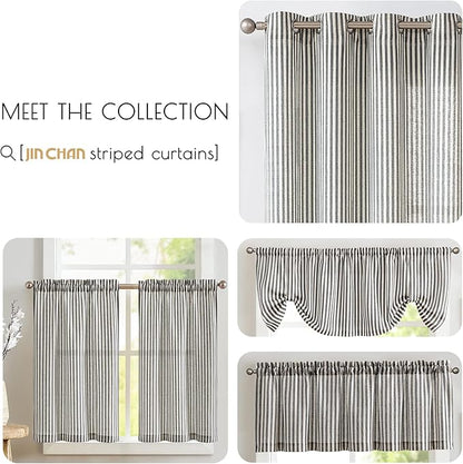 JINCHAN Tab Top Linen Kitchen Curtains 24 Inch Striped Tier Curtains Farmhouse Modern Cafe Style Small Window Treatments Airy Light Filtering Rod Pocket for Living Room Bathroom 2 Panels Charcoal Grey
