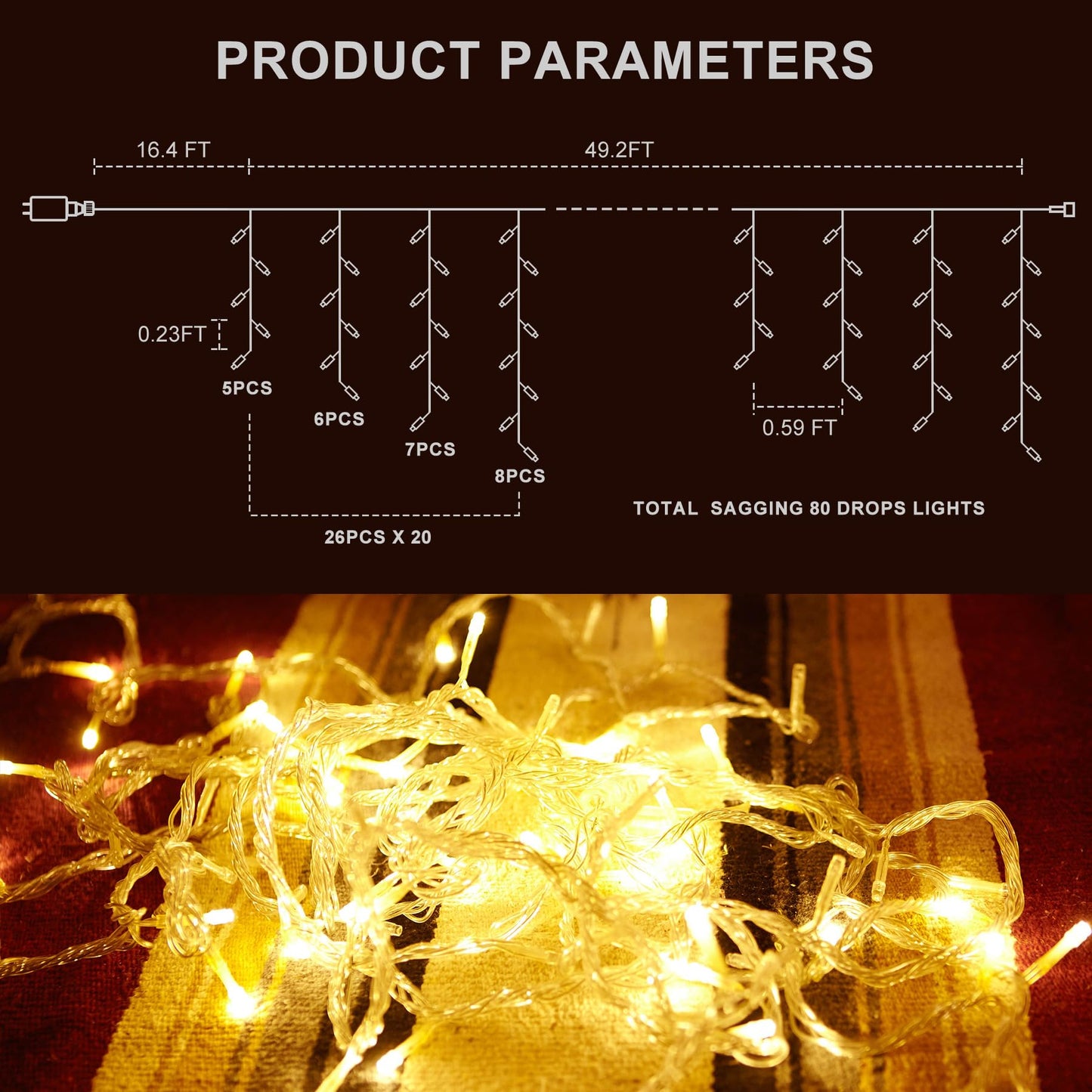 Icicle LED Christmas Lights Outdoor , 520 LED 49.2FT 8 Modes with 80 Drops Warm White Icicle Lights,Remote Control Outdoor Indoor Fairy String Lights for Christmas Party,Holiday,Wedding Decorations