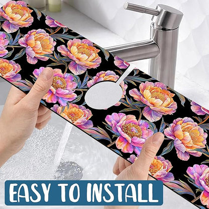 Colorful Peonies Sink Faucet Absorbing Mat Blooming Peonies Super Absorbent