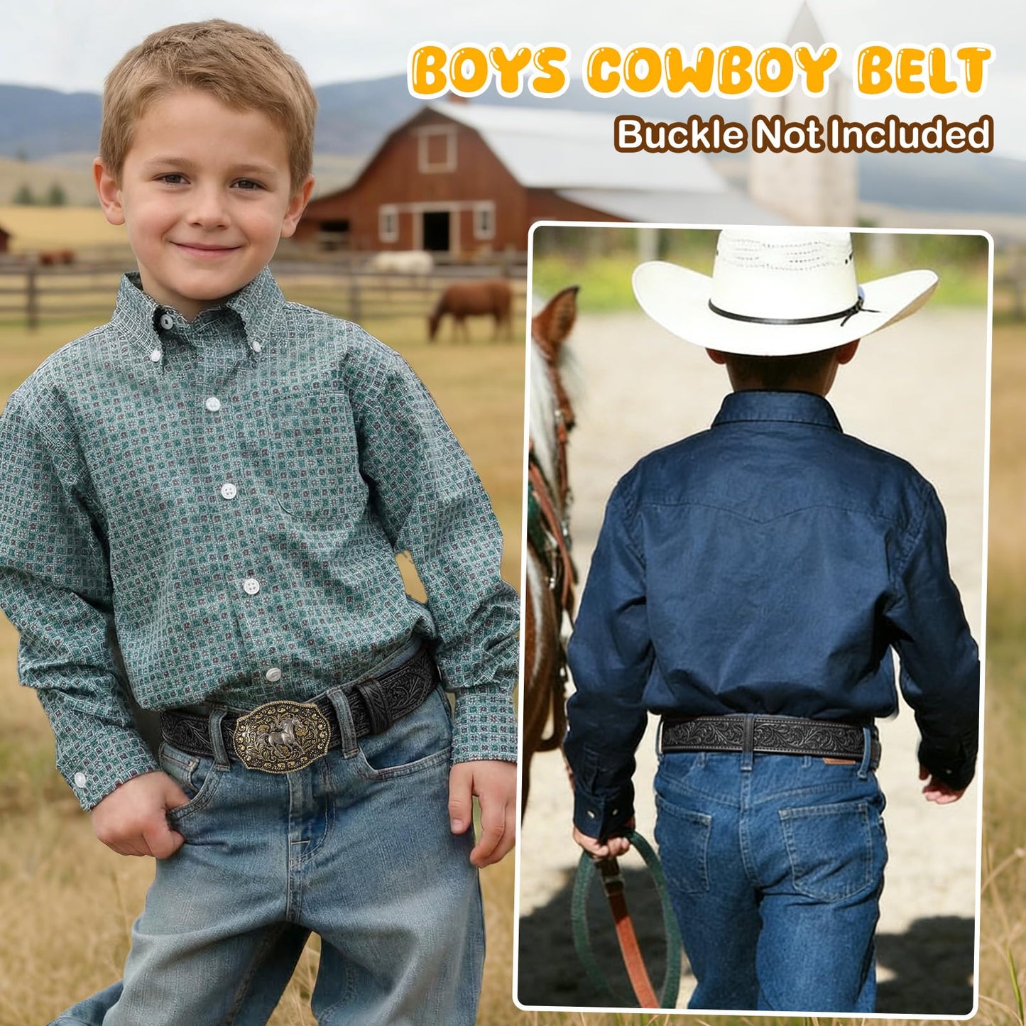 SANSTHS Kids Western Belt without Buckle Genuine Leather Boys Girls Belt Strap Cowgirl Cowboy Belts for Jeans Western Gifts, Embossed Leaf/Black