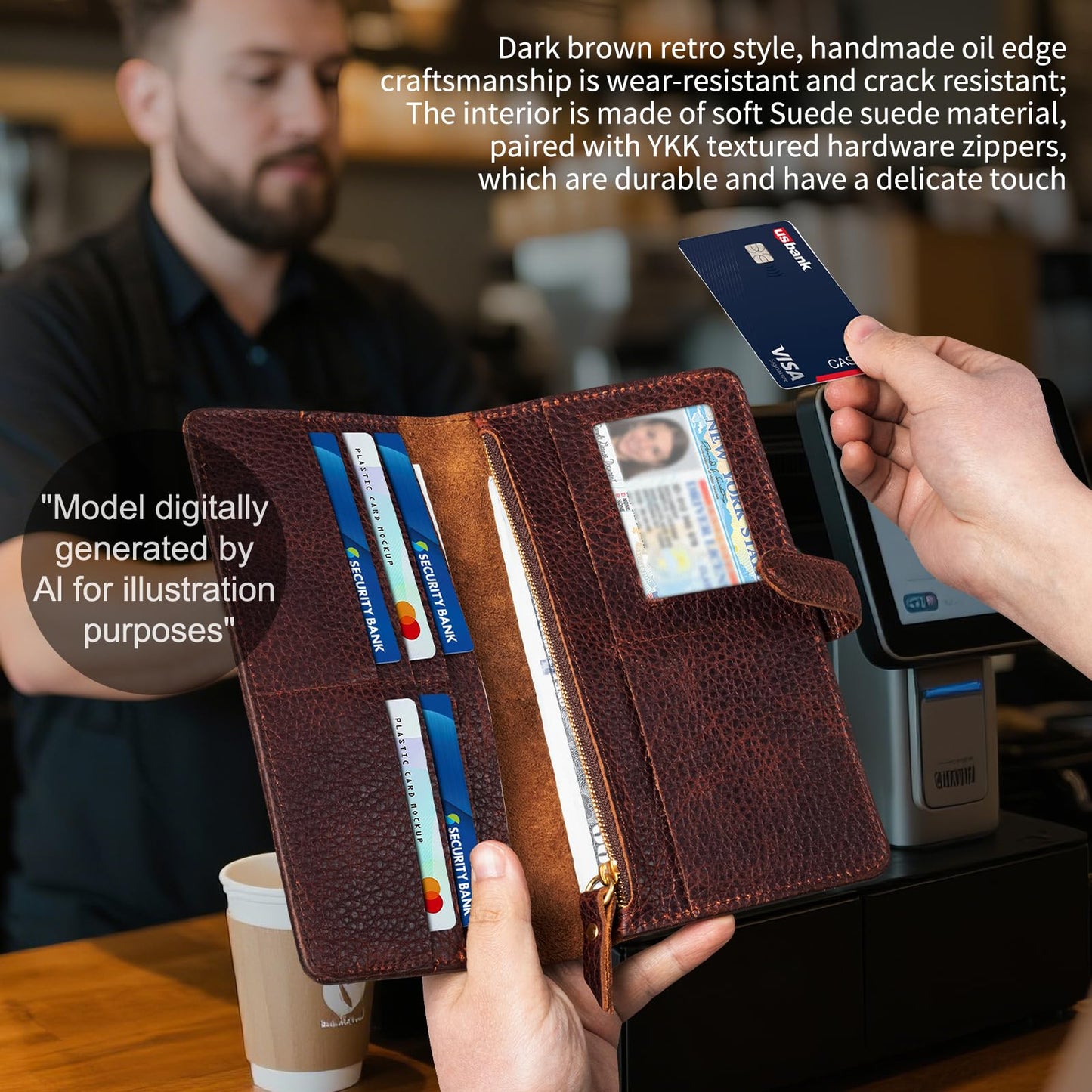 RMAWRAD genuine leather long bi-fold wallet/card holder, unisex, made of full-grain cowhide, with card slots and a coin purse, brown.