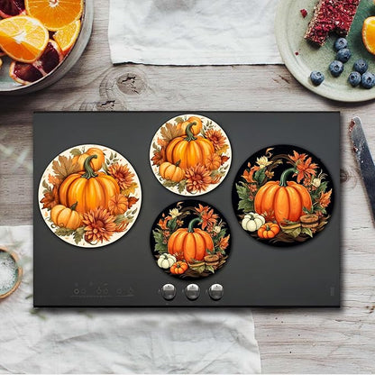 Autumn Pumpkin Electric Stove Burner Covers，4 Pcs Halloween Decor Round Stove Burner Cover，8 Inches and 10 Inches，Gas Stove Burner Cover,Metal Cooktop Fall Pumpkin Decorative Home Decor,Kitchen Decor
