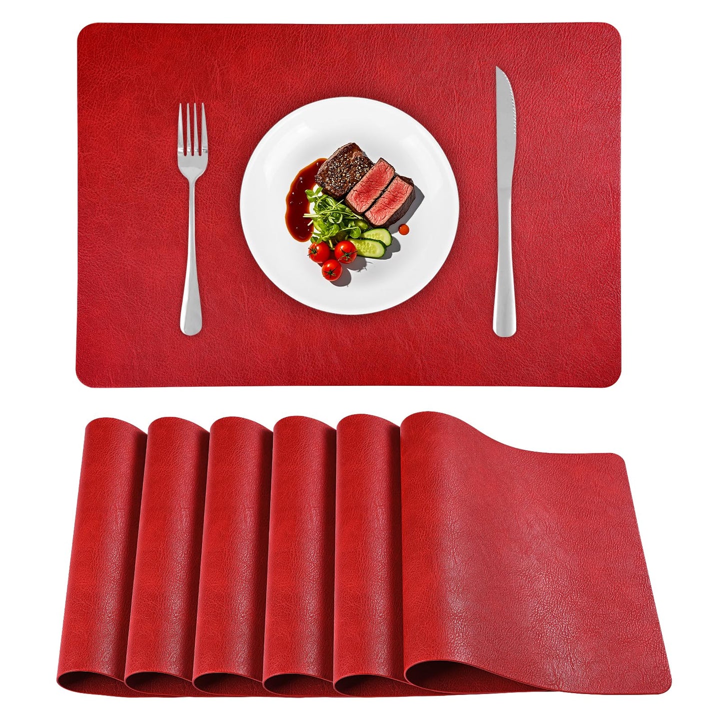 APLKER Faux Leather Placemats Set of 6, Washable Place Mats, Vinyl Placemats Wipeable Waterproof Oil-Proof Heat Resistant PU Table Mats for Dining, Kitchen, Hotel(Red)