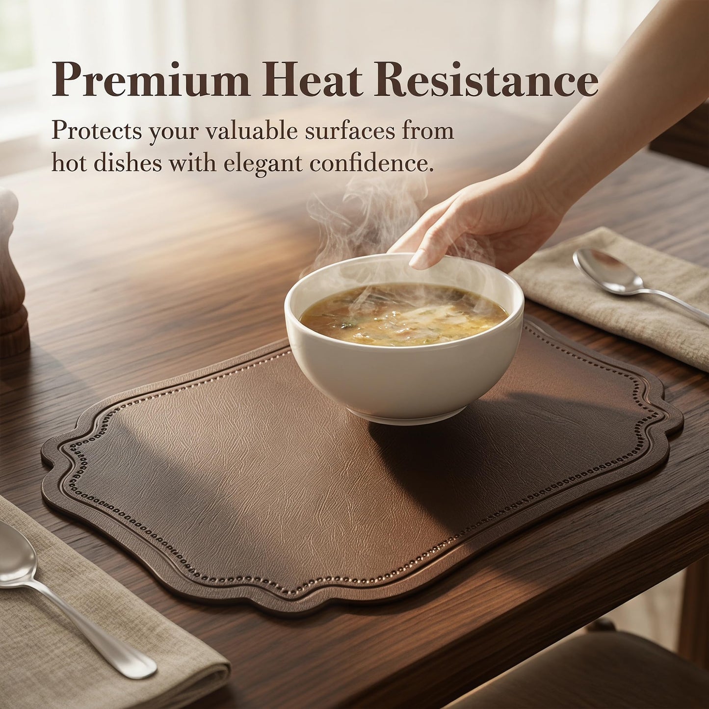 DRMHM Solid Placemats Set of 6 Leather Placemats for Kitchen Dining Table Decor Heat Resistant Table Placemats Sturdy Table Mat 18 * 12inch Coffee