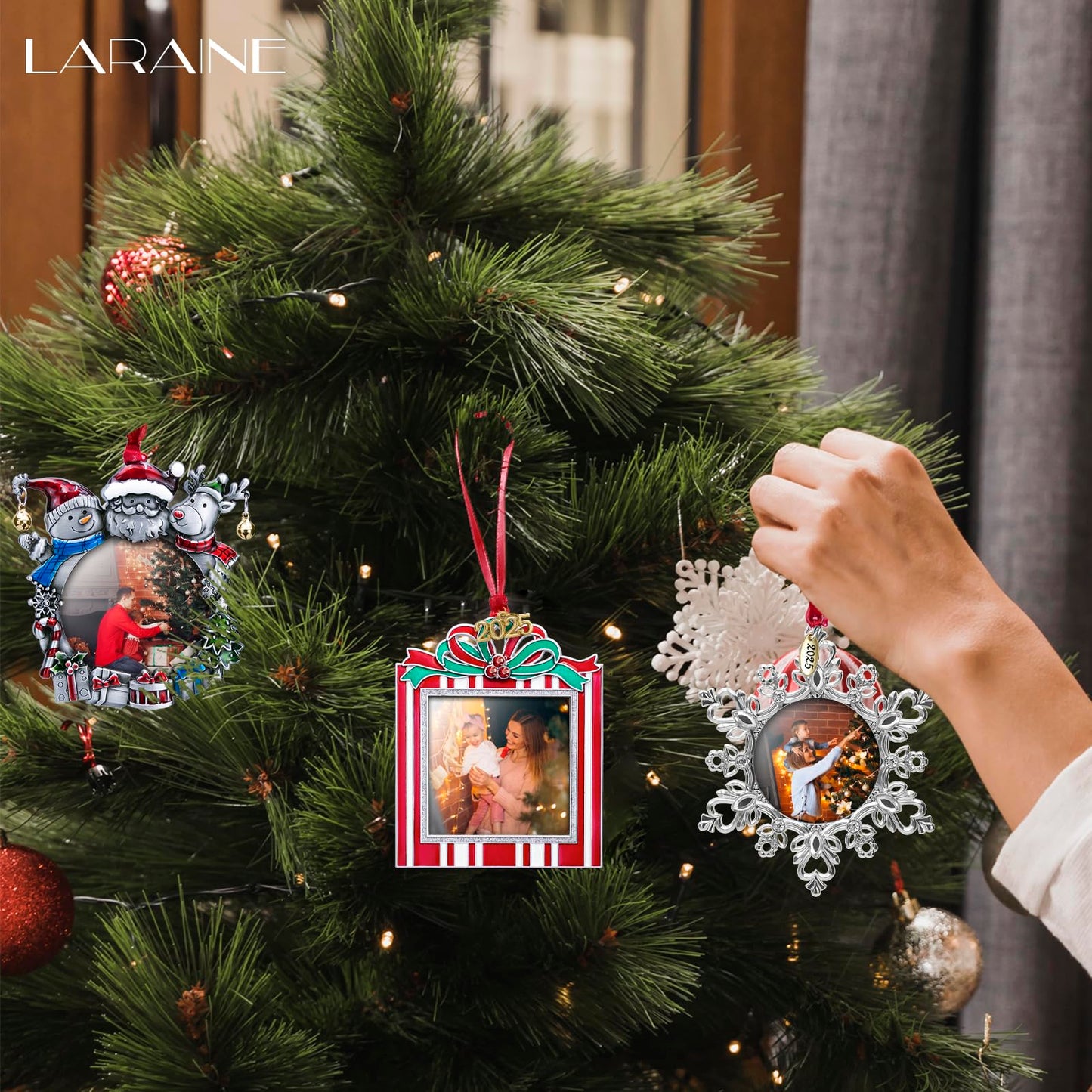 Laraine Christmas Tree Ornaments – 3-Piece Decorative Hanging 2025 Holiday Keepsake Gift Pendant with 2” Photo Frame Insert for Picture of Pet (3-Piece Gift Set (2025))