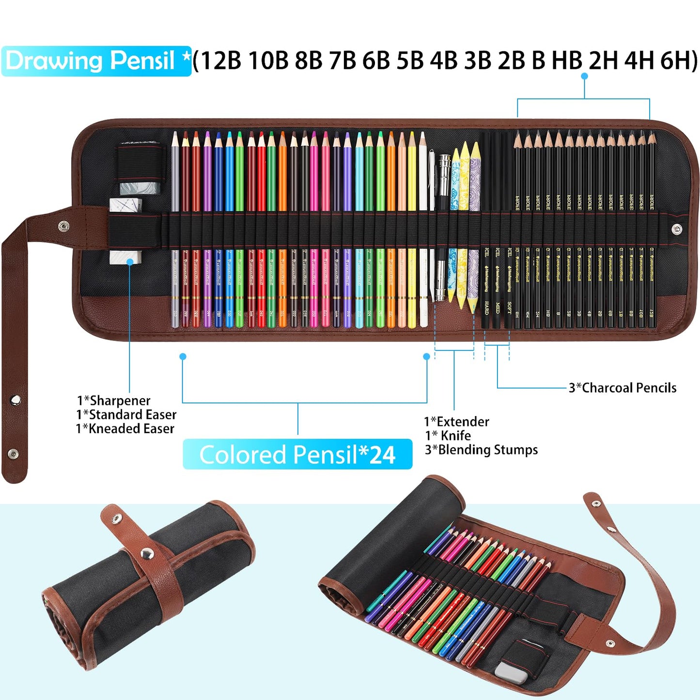 Heshengping Sketching Drawing Art Pencil Kit-50 Piece Set with 24 Color Pencils for Coloring Books, 14 Graphite 3 Charcoal Erasers Etc., Artist Supplies Ideal for Adult, family friend, Beginner