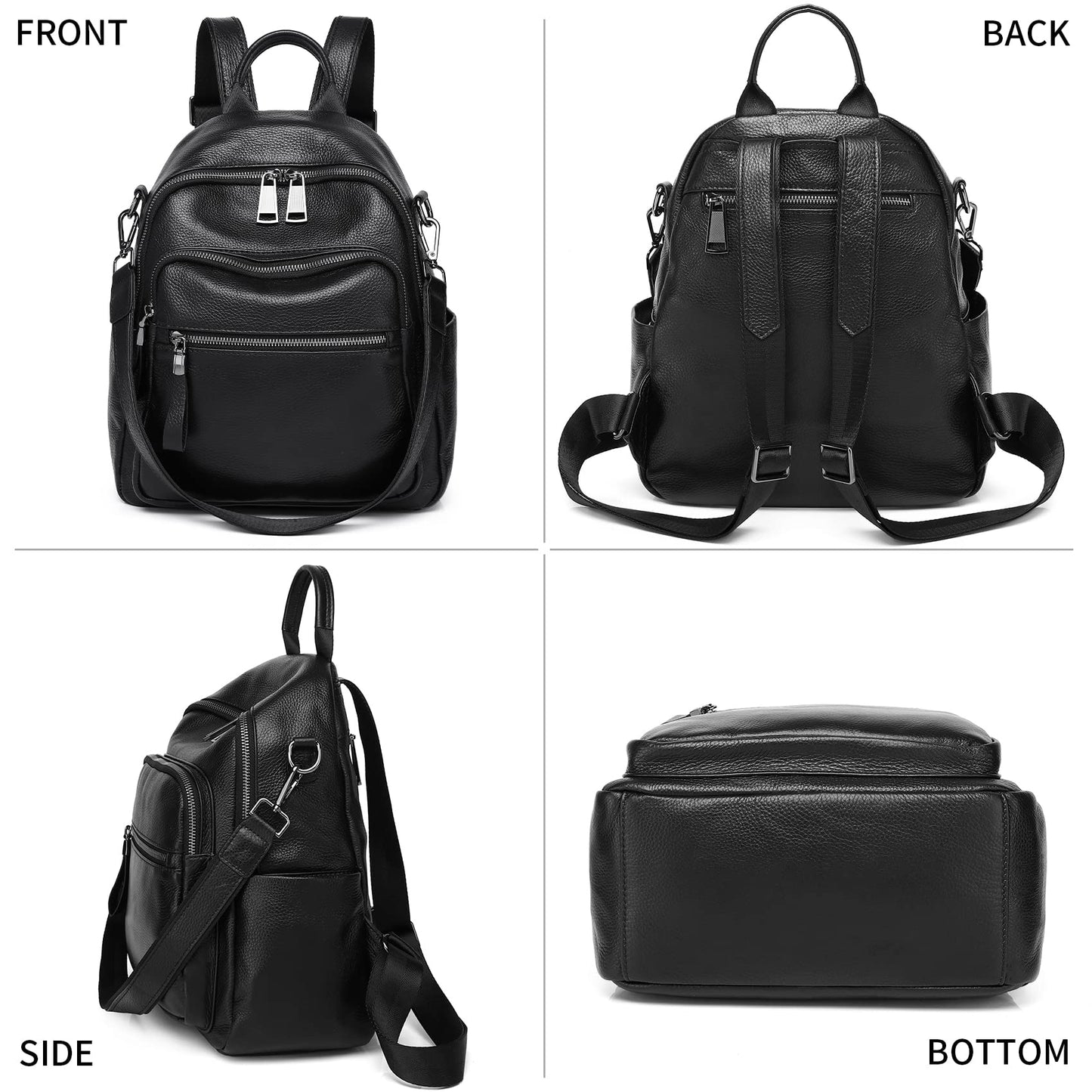 Wesccimo Genuine Leather Backpack Purse For Women Black Real Soft Leather Fashion Designer Convertible Ladies Shoulder Bag
