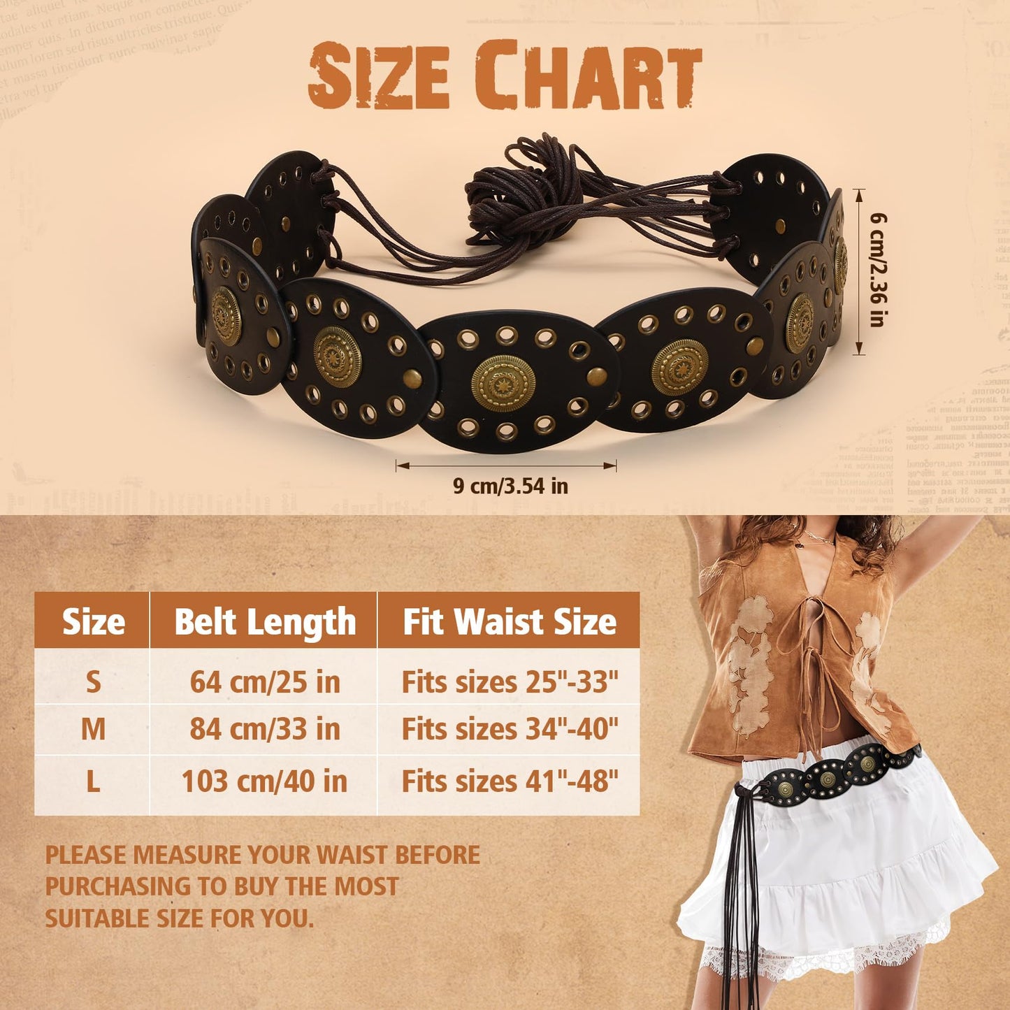 XZQTIVE Women's Boho Disc Belt Concho Western Cowgirl Cowboy Belt for Ladies Wide Vintage Leather Waist Belt for Dress