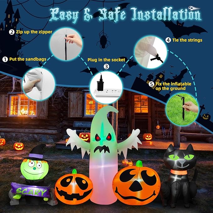 8FT Long Halloween Inflatables Outdoor Decorations, Inflatable Pumpkin and Ghost Black Cat Halloween Decorations with Built-in RGB LEDs Blow Up Inflatable for Halloween Party Garden Yard Lawn