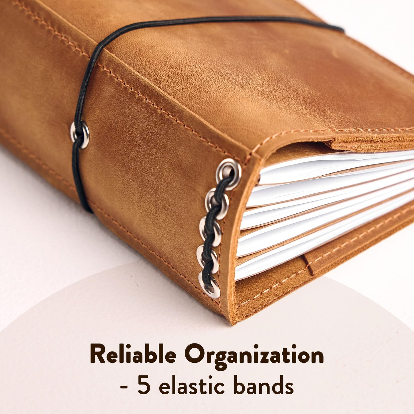 TORAKIP Leather Journal Cover A6 – Handmade Refillable Traveler’s Notebook with 5 Elastic Bands, Pen Holder & Card Pockets, Leather Notebook Case Fits A6 Inserts (Paper Not Included), Caramel Brown