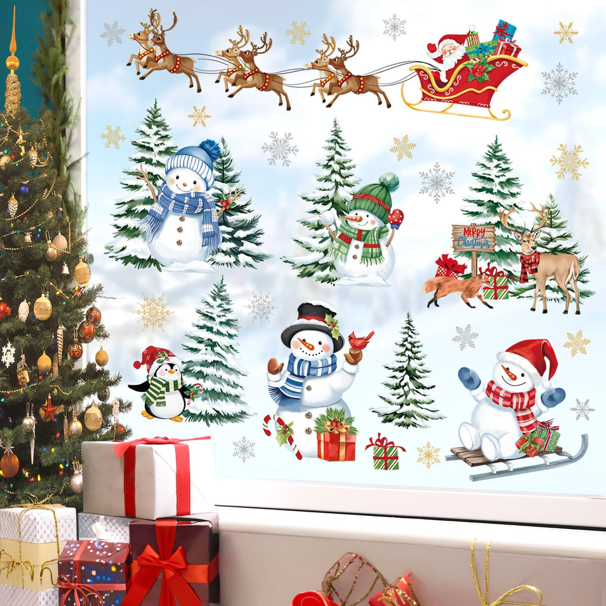 decalmile Christmas Winter Snowman Reindeer Window Clings Reusable Santa Claus Elk Xmas Tree Window Decals Double Side Printed Window Stickers Glass Door Home Party Shop Showcase Decoration