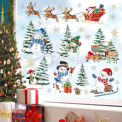 decalmile Christmas Winter Snowman Reindeer Window Clings Reusable Santa Claus Elk Xmas Tree Window Decals Double Side Printed Window Stickers Glass Door Home Party Shop Showcase Decoration