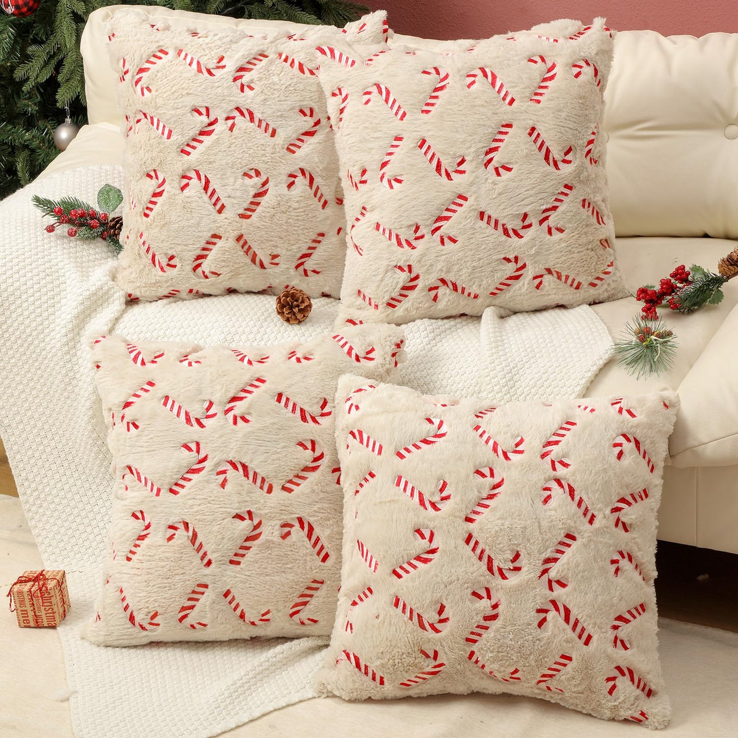 Tranqun 4 Pcs Christmas Candy Cane Throw Pillow Covers 20x20 Inch Xmas Red Candy Embroidery Pillowcases Fluffy Christmas Cane Decorative Cover for Winter Holiday Farmhouse Living Room Sofa Car Decor