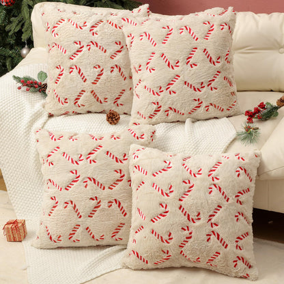 Tranqun 4 Pcs Christmas Candy Cane Throw Pillow Covers 20x20 Inch Xmas Red Candy Embroidery Pillowcases Fluffy Christmas Cane Decorative Cover for Winter Holiday Farmhouse Living Room Sofa Car Decor