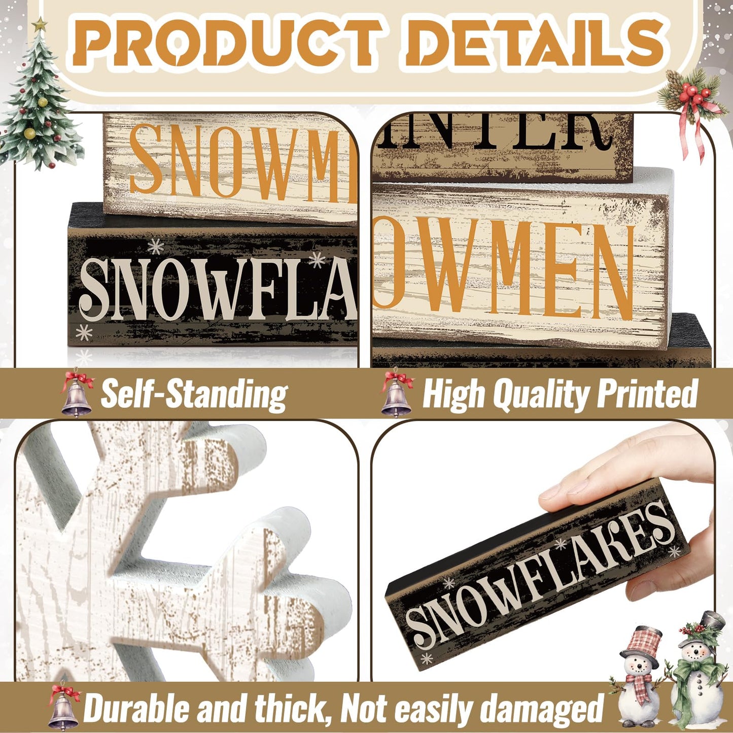 Moucuny 4 Pcs Winter Table Decorations Wooden Snowflake Decor Christmas Tiered Tray Decor Rustic Snow Block Signs Gift Farmhouse Christmas Centerpiece for Winter Wonderland Party Kitchen Shelf Home