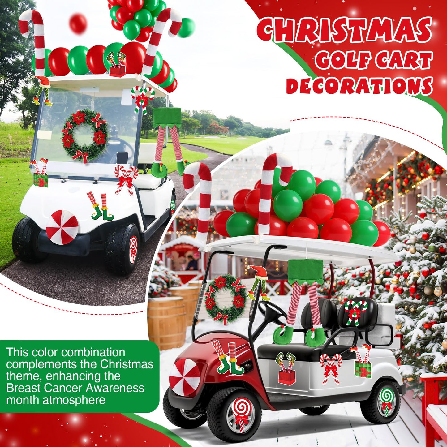 Soulchen 73 Pcs Christmas Car Decoration Kit Candy Cane Santa Claus Nose Hanging Elf Legs Xmas Wreath PVC Decoration Red Green Balloons Christmas Candy Car Accessories for Truck Vehicle Decorations