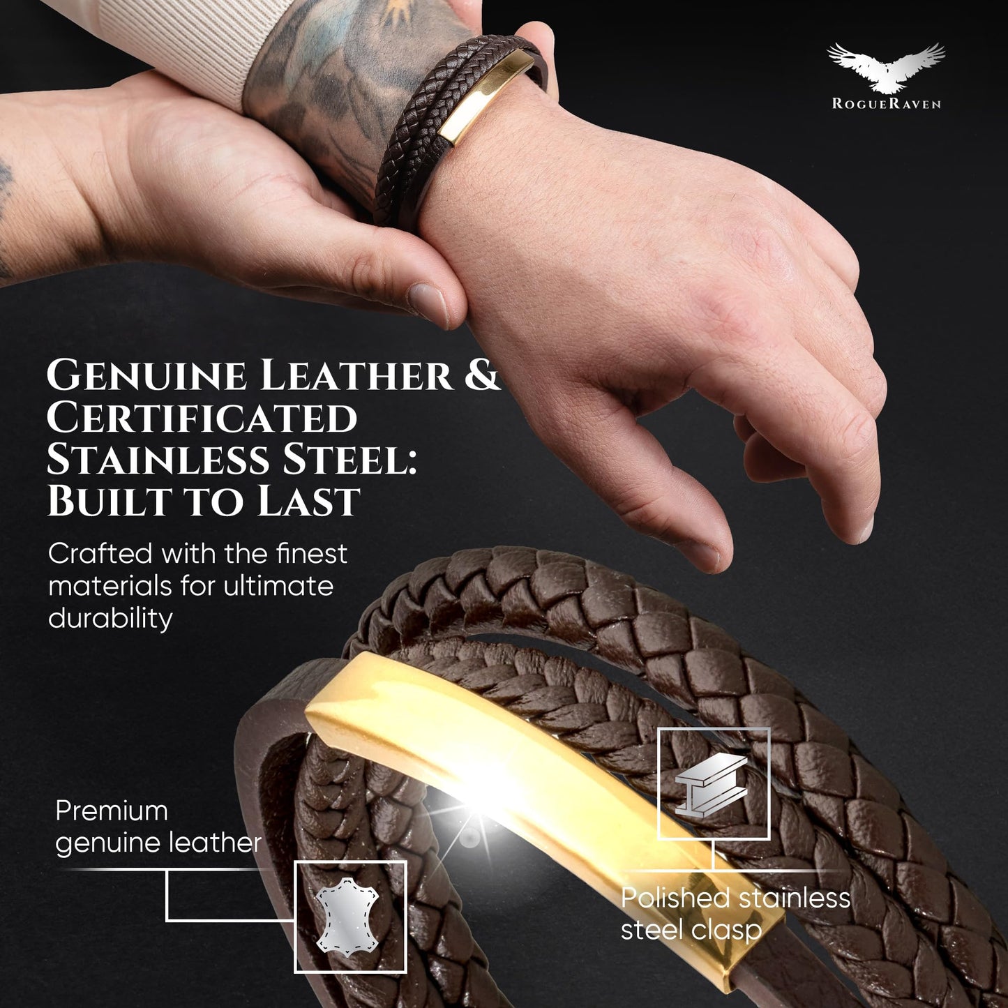 RogueRaven Black Leather Bracelet for Men – Premium Collection – Brown Black Gold Silver | Genuine Leather Mens Bracelet with Stainless Steel Clasp [Adjustable] | In Luxury Gift Box