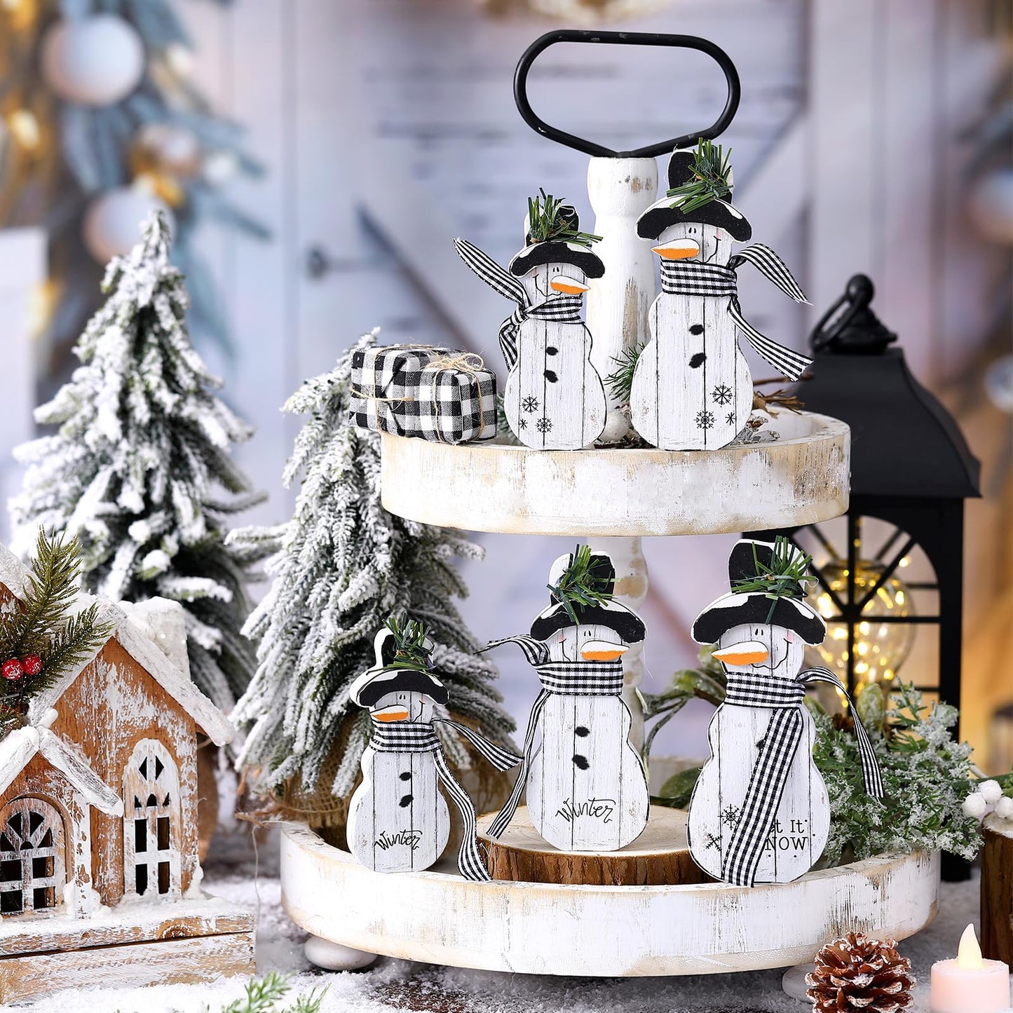 Threehoney Christmas Snowmen Wooden Ornaments Rustic Christmas Table Centerpieces Farmhouse Tiered Tray Decor Table Sign for Xmas Winter Holiday Party Home Office Shelf(5 Pcs,Farmhouse)