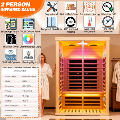Smart Infrared Sauna 2 Person, 0-5mg Low Emf Far Infrared Sauna for Home, 1780w Indoor Sauna Room with APP & LCD Panel Control , Chromatherapy Light, Bluetooth Speaker, Insulation Cover, Reading Light