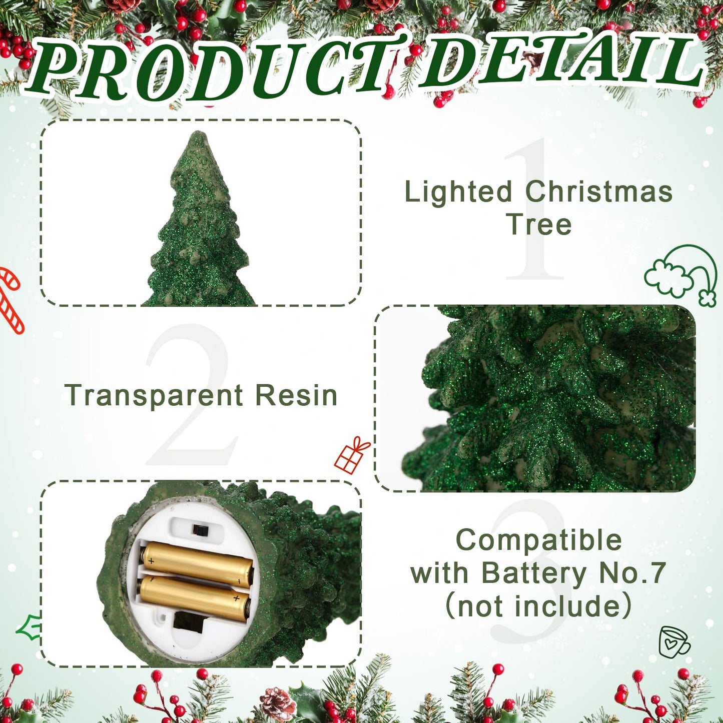 Flutesan 3 Pcs Green Christmas Tree Figurines with Lights 11" /9" Tabletop Glittered Resin Village Pine Figurine Light Up Battery Operated Centerpieces Winter Holiday Decor for Table Mantel Home