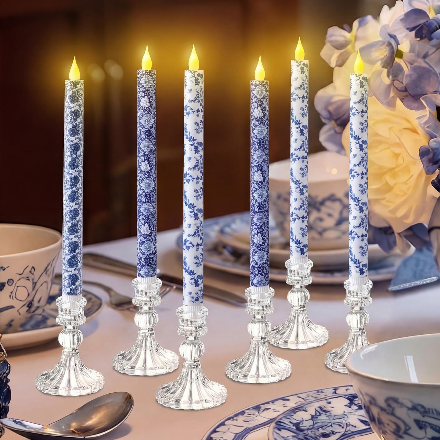 Baquler 6 Pcs Chinoiserie Flameless Candles Coastal Chinoiserie Decor 10.6 Inch Blue and White Battery Operated Led Candlesticks for Holiday Wedding Party Summer Table Centerpiece Home Mantel Decor