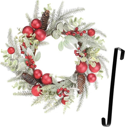 Super Holiday Christmas Wreath, 20Inch Artificial Wreaths for Front Door Christmas Decorations with Wreath Hanger, for Indoor Outdoor Home Hoilday Party Wall Decor - Red
