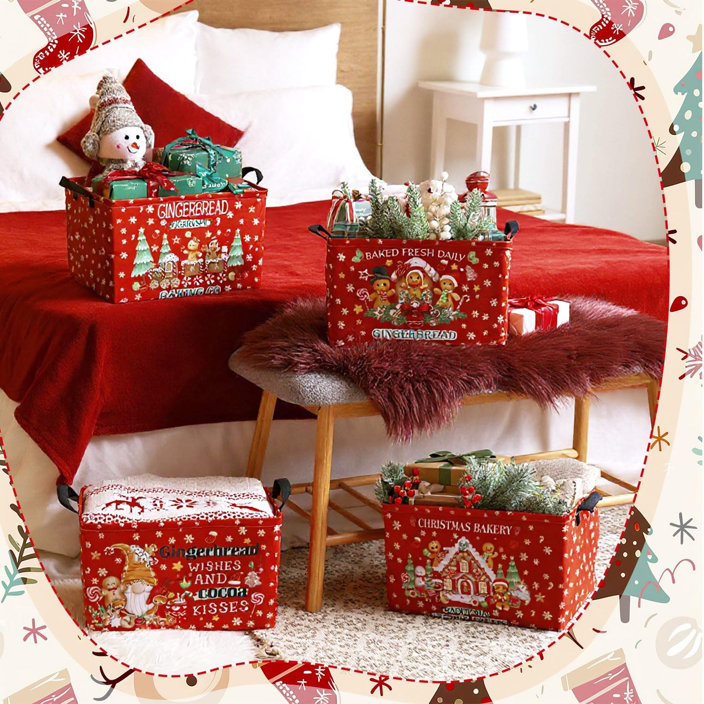 Bulyoou 4 Pcs Christmas Storage Basket for Gifts Empty Large Gingerbread Man Storage Bins 15 x 10 x 8 Fabric Laundry Baskets with Handle Xmas Foldable Organizer Boxes for Office Home Cloth Toys Books
