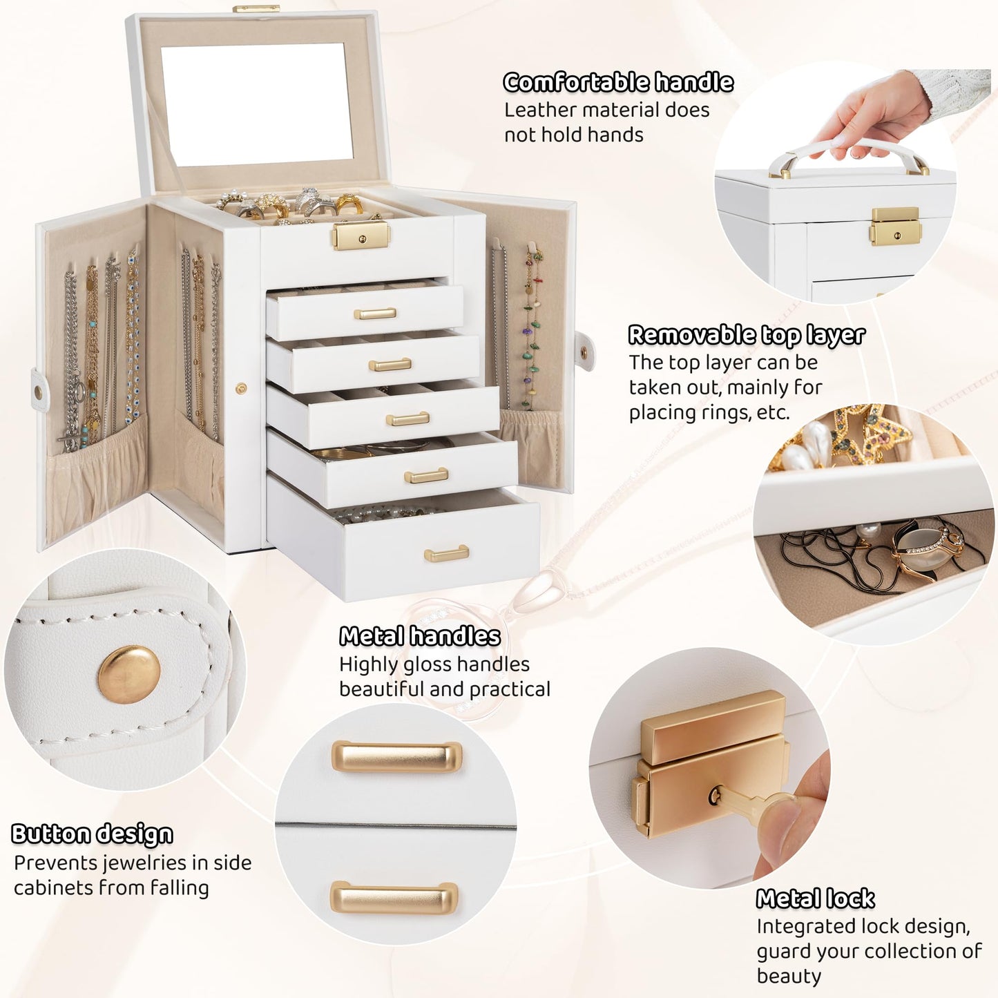 AKOZLIN 6-Tier Jewelry Box Lockable Leather Jewelry Storage Case with 5 Drawers for Women Girls Ring Necklace Earring Bracelet Holder Organizer with Mirror