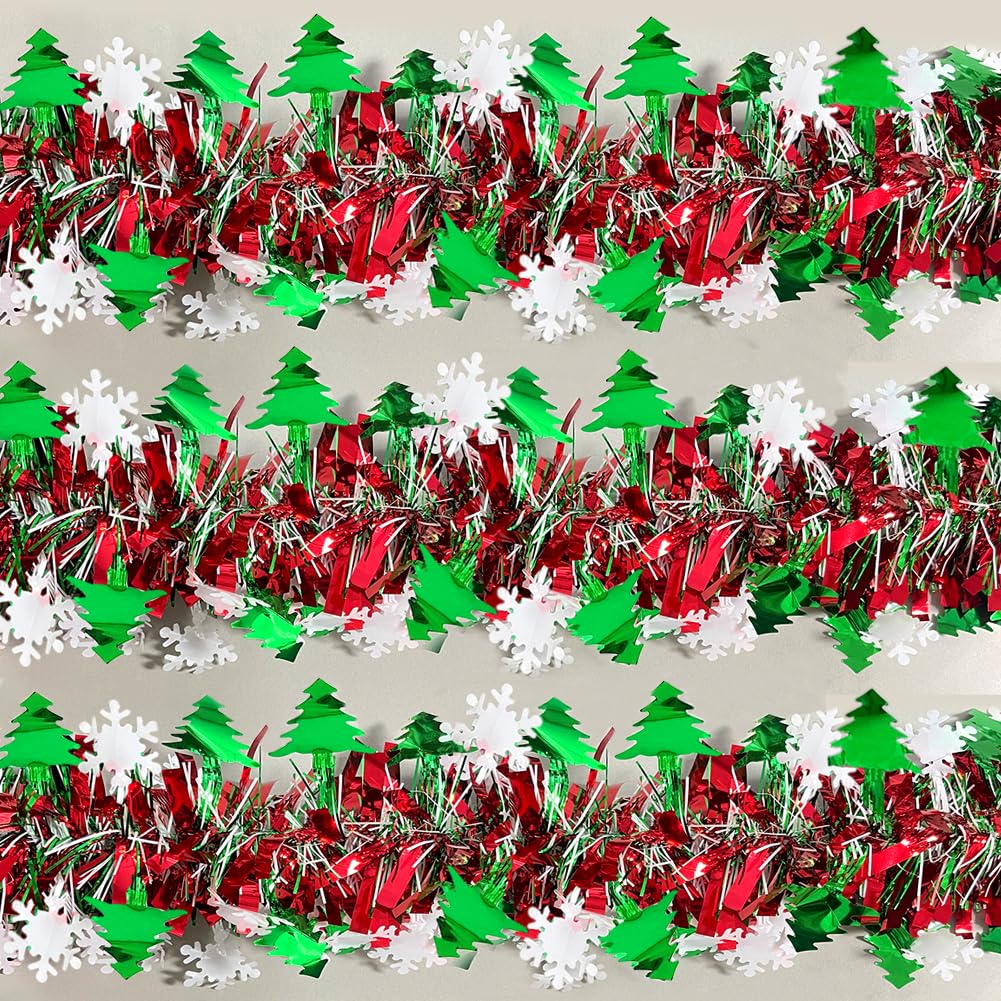 66 Ft Christmas Tinsel Garland Shiny Thick Red & Green with Tree and Snowflake Design Xmas Tree Metallic Twist Hanging Foil Garland for Christmas Birthday Holiday Indoor Outdoor Party Decor