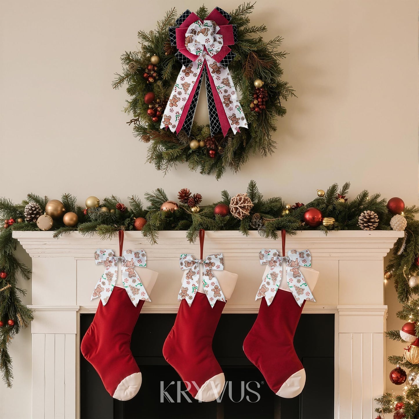 Kryvus Christmas Wired Ribbon, 2.5 Inch X 10 Yards Gingerbread Candy Canvas Satin Ribbon with Wired Edge, Perfect for Home Wreath DIY Craft Decoration Supplies Gift Wrapping