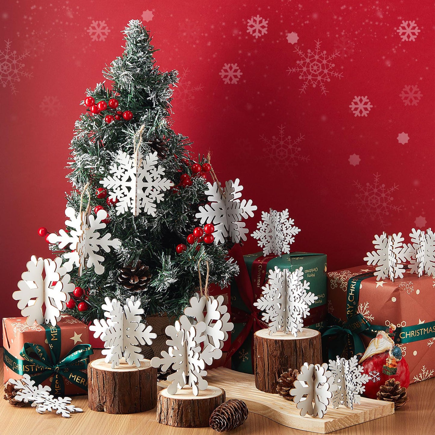24 Pcs Snowflake Table Decorations 3D Winter Wooden Snowflake Table Centerpiece Hanging Signs Tabletop for Winter Wonderland Decoration Home Tiered Tray Holiday Party Supplies(White)