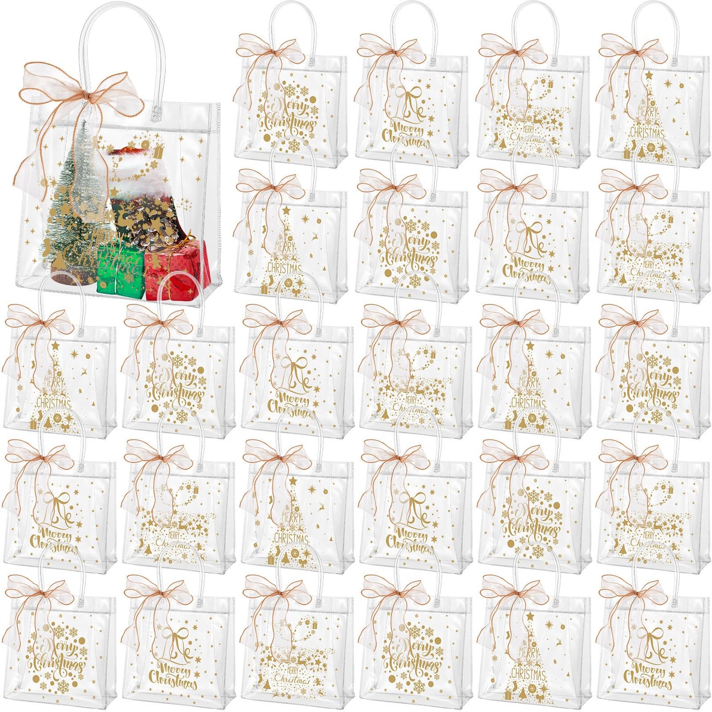 Henoyso 36 Pcs Gold Christmas Clear Gift Bags Plastic Goodie Candy Treat Bag with Handles PVC Gift Wrap Totes with Ribbon for Xmas Party Favors (7.8 x 7.8 x 3.1)