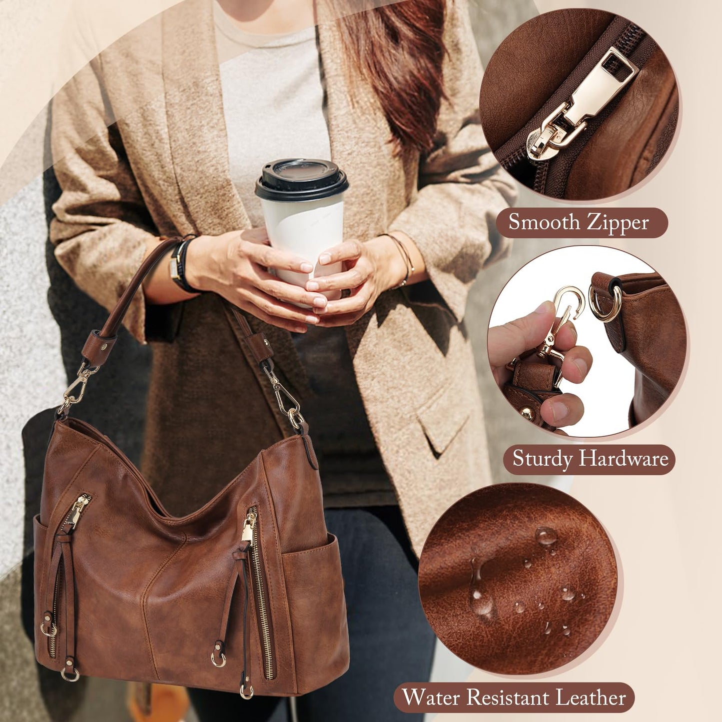 Chase Chic Hobo Bag for Women Handbags Purse Stylish with Detachable Strap Large Boho Shoulder Bag Crossbody for Ladies Easy to Clean,Working,Travel,Business(Brown)