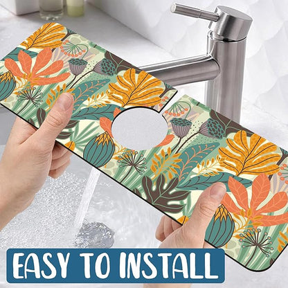 Abstract Leaves Sink Faucet Absorbing Mat Boho Leaves Super Absorbent Fast