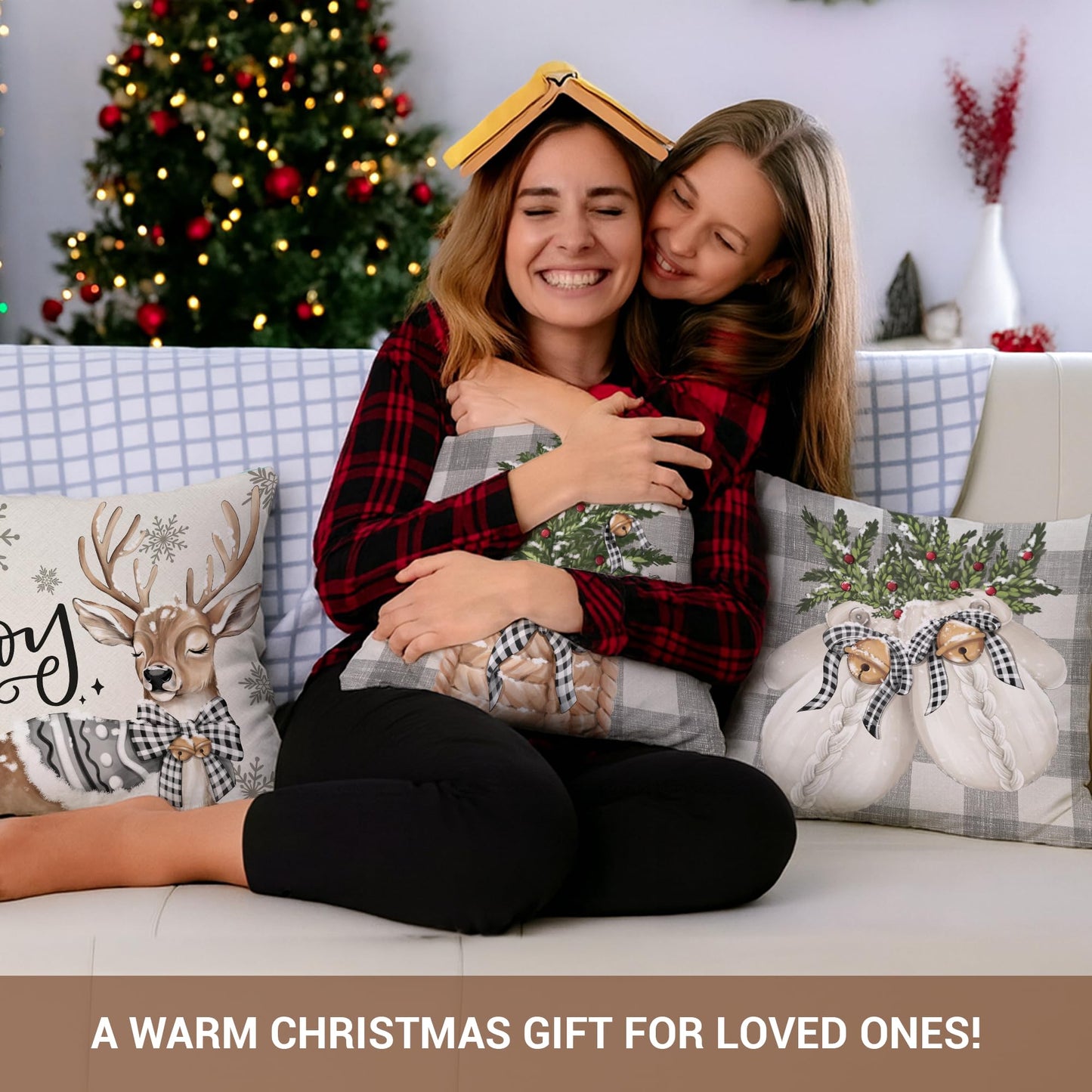 BoopZilla Set of 4 Christmas Pillow Covers, Winter Holiday Decorative Throw Pillow Covers, Cute Snowman-Reindeer-Mittens-Eucalyptus Design, Cozy Christmas Decor for Sofa Couch (18" x 18" (Pack of 4))