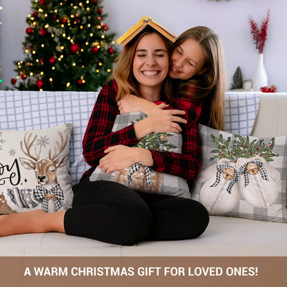 BoopZilla Set of 4 Christmas Pillow Covers, Winter Holiday Decorative Throw Pillow Covers, Cute Snowman-Reindeer-Mittens-Eucalyptus Design, Cozy Christmas Decor for Sofa Couch (18" x 18" (Pack of 4))