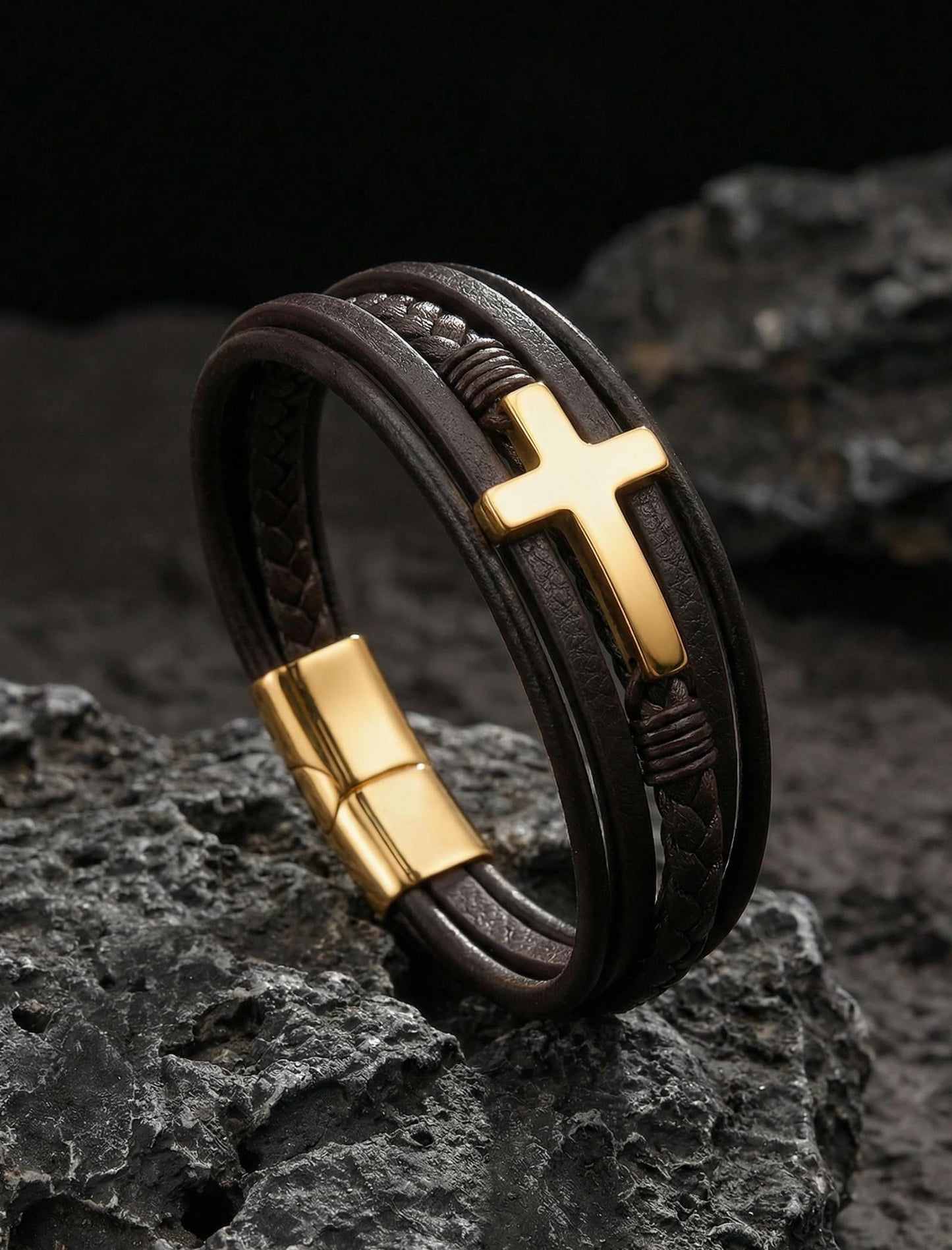 Mrcaois Mens Gold & Brown Leather Bracelet, Charm Cross Wristband - Stylish Fashion Jewelry for Men, Birthday - 8.3 Inch