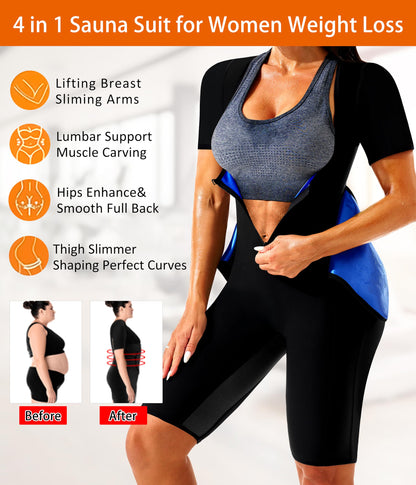 LMCOB Sauna Suit for Women Sweat Suit Waist Trainer for Weight Loss 4 IN 1 Slimming Full Body Shaper Sauna Jumpsuit Workout Vest with Shorts(BH70013-01-M)