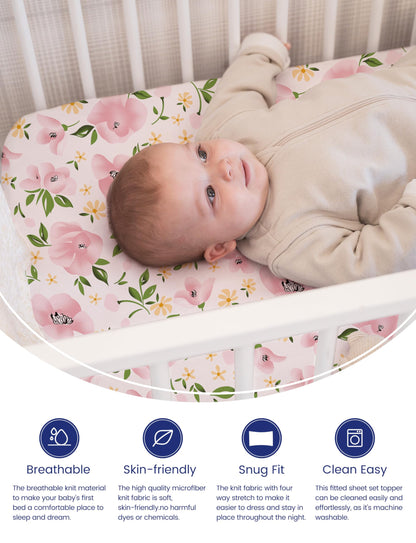 Graco Pack and Play Sheets Fitted, TotAha Buttery Soft Mini Crib Sheets Girl, Floral Pack N Play Mattress Sheets Hypoallergenic, Premium Jersey Playrad Sheets, Meredith Allover & Pale Pink, 2 Pack