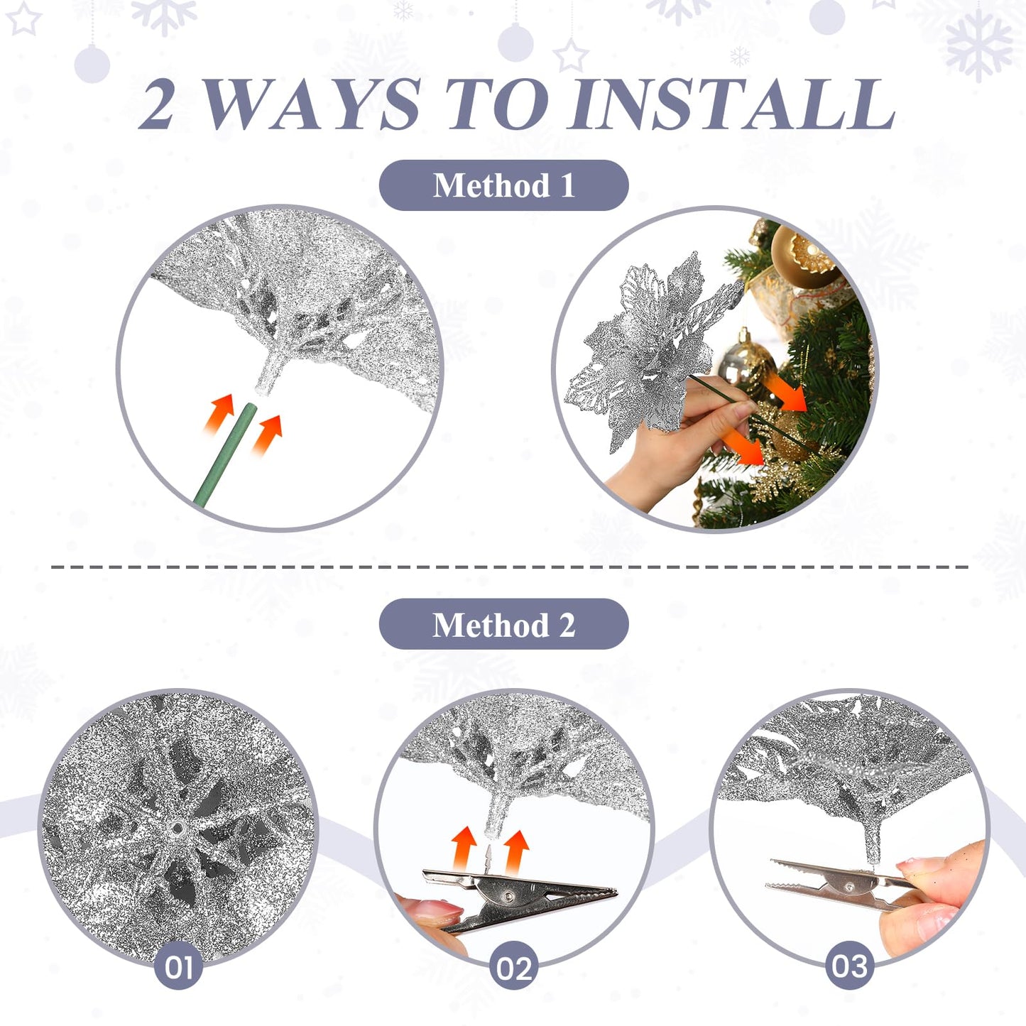 Alupssuc 24 Pcs Artificial Glitter Christmas Tree Picks, Boxed 12 Poinsettia Flowers+ 6 Berry Stems+ 6 Flowers Berry Leaves Decorations Set, Indoor Outdoor Holiday Ornaments Decor, White