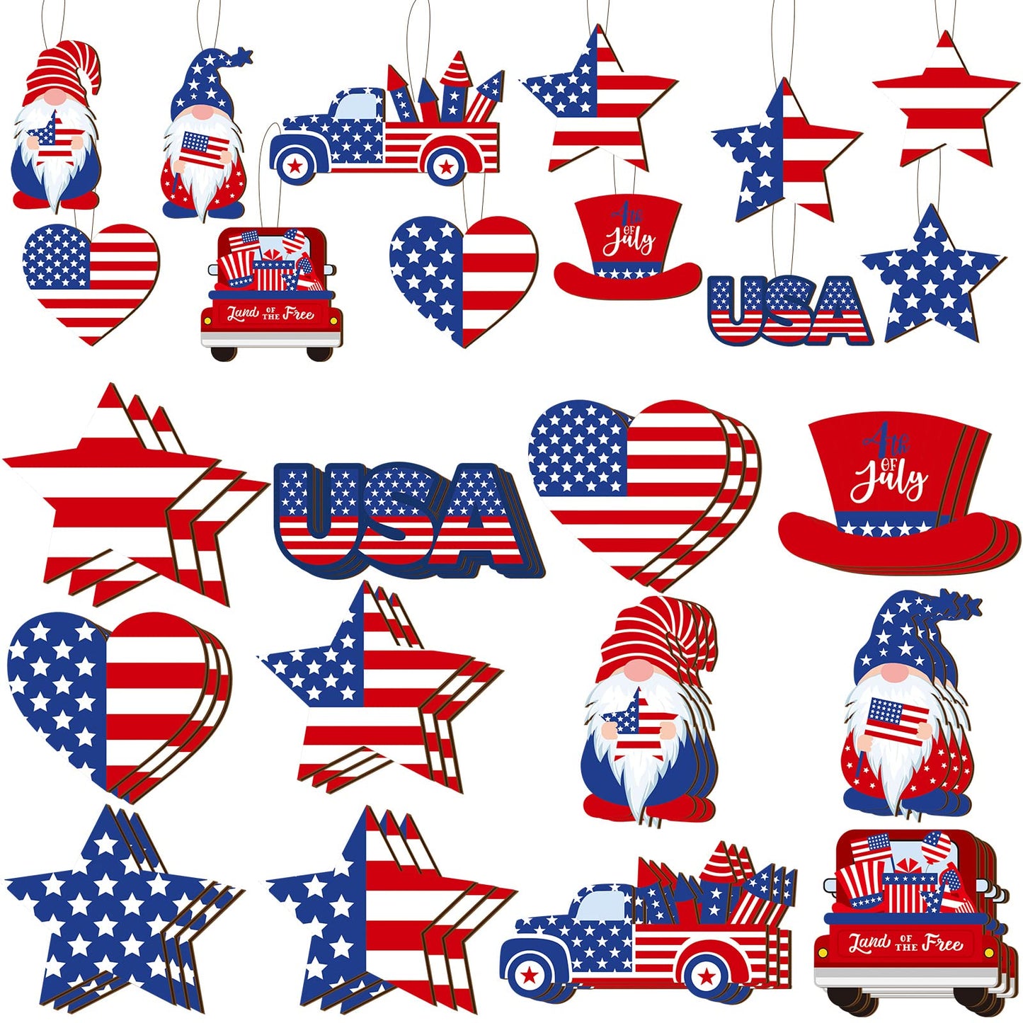 Qunclay 36 Pcs 4th of July Ornaments for Tree, Wooden Patriotic Tree Decorations with Gnome, Star, Truck Shape, Red White Blue Hanging Ornament for Independence Day, 250th Anniversary Home Party Decor